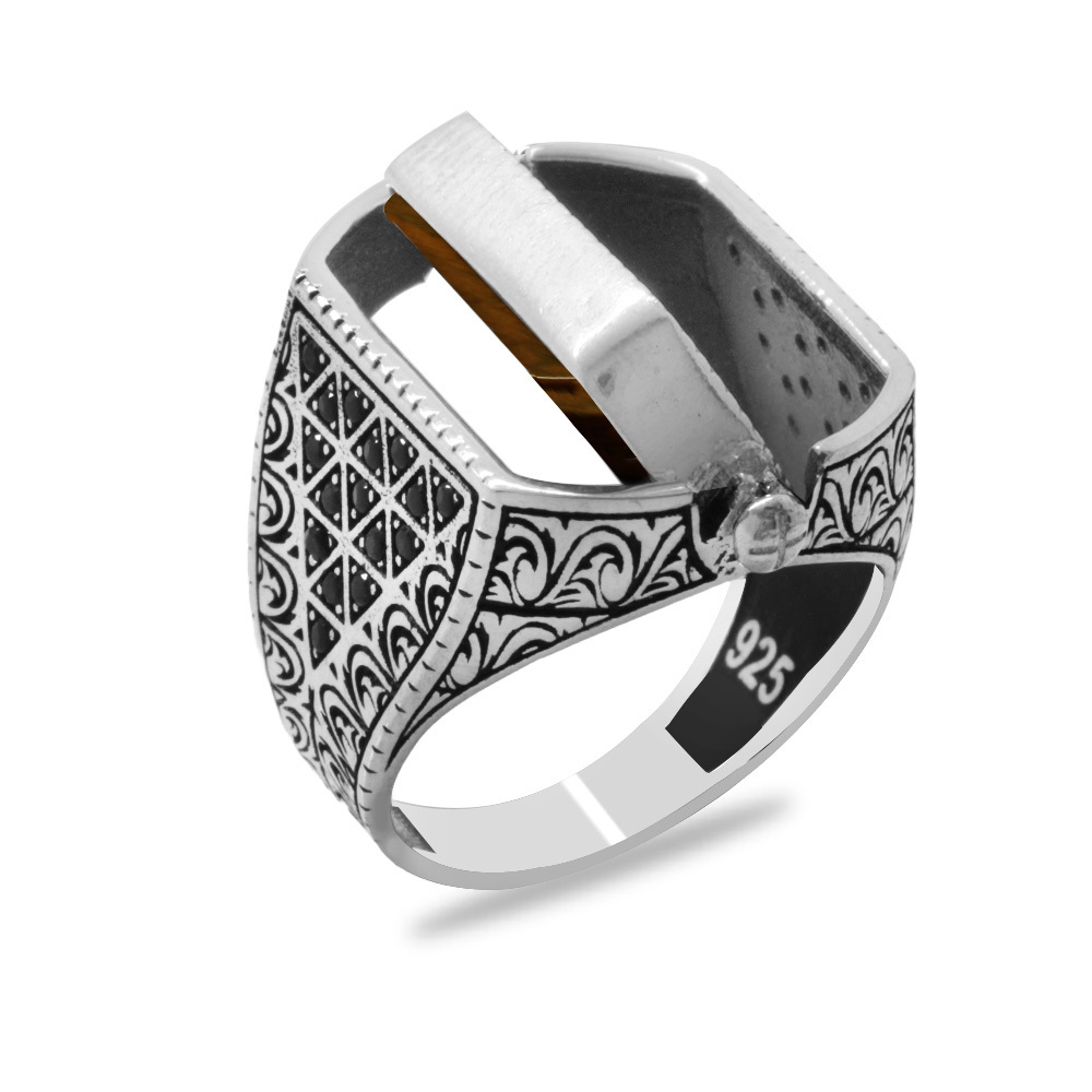 Kaplan Gözü ve Zirkon Taşlı Çift Taraflı İsme Özel Harf Yazılı 925 Ayar Gümüş Erkek Yüzük - 6