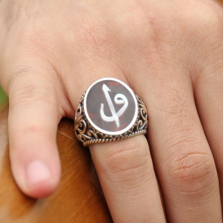 Bağa Üzerine Sedef Kakma Elif Vav Harfli El İşi Yüzük - Tesbihane