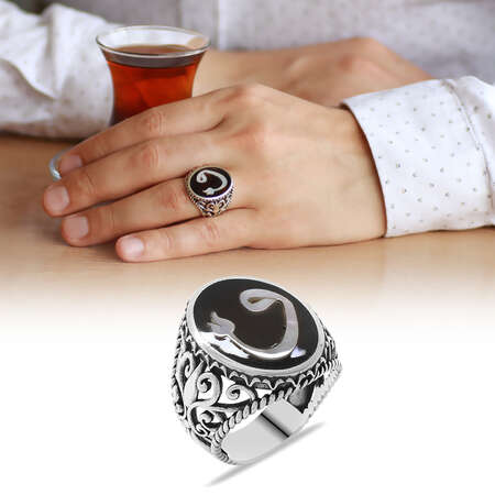 Bağa Üzerine Sedef Kakma Lale-Vav Motifli El İşçiliği 925 Ayar Gümüş Yüzük 5 - STOKYOK