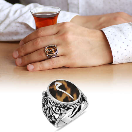 Bağa Üzerine Sedef Kakma Mim Motifli El İşçiliği 925 Ayar Gümüş Yüzük - STOKYOK