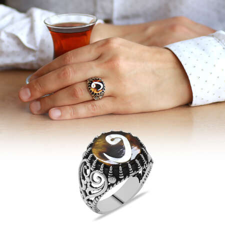 Bağa Üzerine Sedef Kakma Vav Motifli El İşçiliği 925 Ayar Gümüş Yüzük 2 - STOKYOK