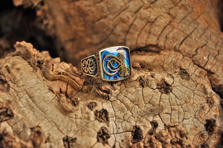 Kaptan-ı Derya - 925 Ayar Gümüş Okyanus Sedefli Tuğralı Model Yüzük - Tesbihane