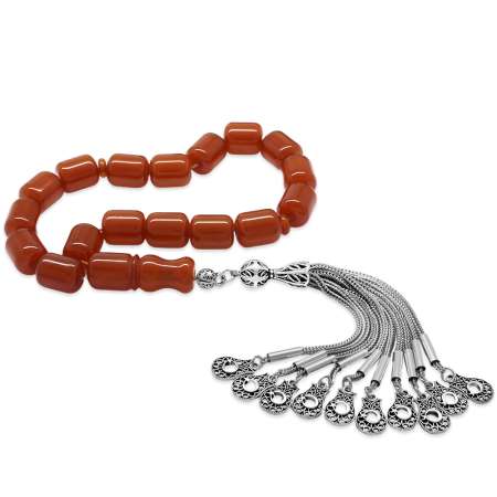 Kararmaz Metal 10 lu Kamçı Ayyıldız Püsküllü Kapsül Kesim Bal Rengi Ateş Kehribar Efe Tesbih - Tesbihane