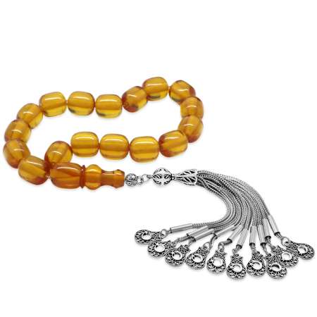 Kararmaz Metal 10 lu Kamçı Ayyıldız Püsküllü Kapsül Kesim Sarı Ateş Kehribar Efe Tesbih - Tesbihane