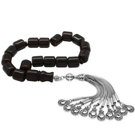 Kararmaz Metal 10 lu Kamçı Ayyıldız Püsküllü Kapsül Kesim Siyah Sıkma Kehribar Efe Tesbih - Tesbihane