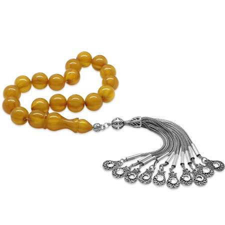 Kararmaz Metal 10 lu Kamçı Ayyıldız Püsküllü Küre Kesim Sarı Ateş Kehribar Efe Tesbih - Tesbihane