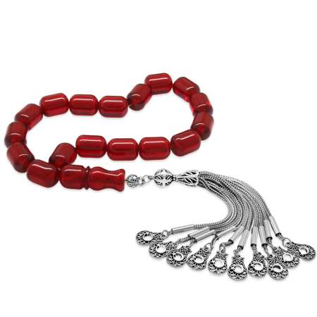 Kararmaz Metal 10 lu Kamçı Ayyıldız Püsküllü Uçlu Kapsül Kesim Kırmızı Ateş Kehribar Efe Tesbih - Tesbihane