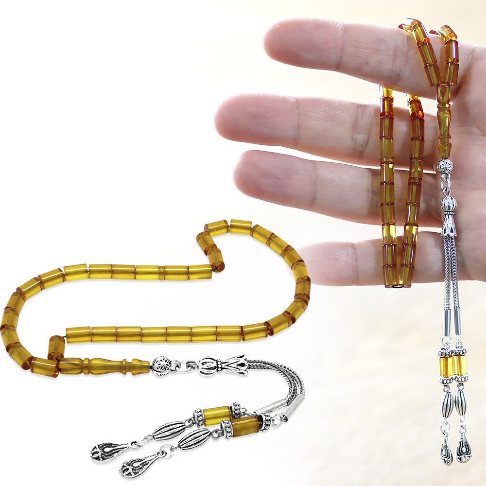 Kararmaz Metal 2 li Kamçı Püsküllü Kesme Kesim Bilek Boy Soft Sarı Ateş Kehribar Tesbih - 1