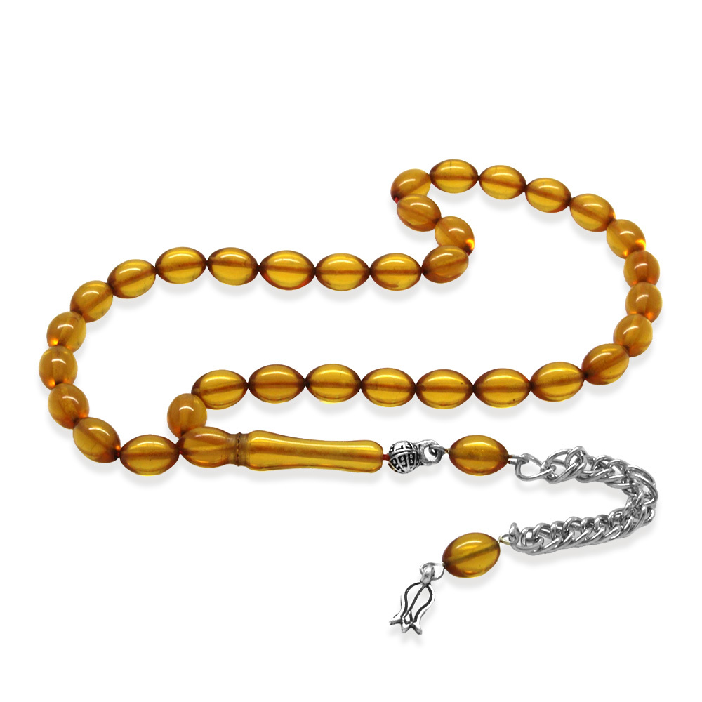 Ateş Kehribar Tesbih - Kararmaz Metal Püsküllü - Mini Boy - Gün Batımı - Arpa Kesim - 2