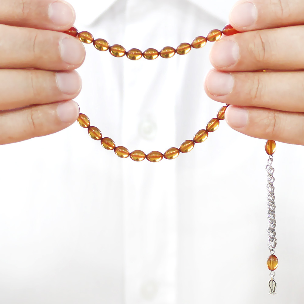 Ateş Kehribar Tesbih - Kararmaz Metal Püsküllü - Mini Boy - Gün Batımı - Arpa Kesim - 4