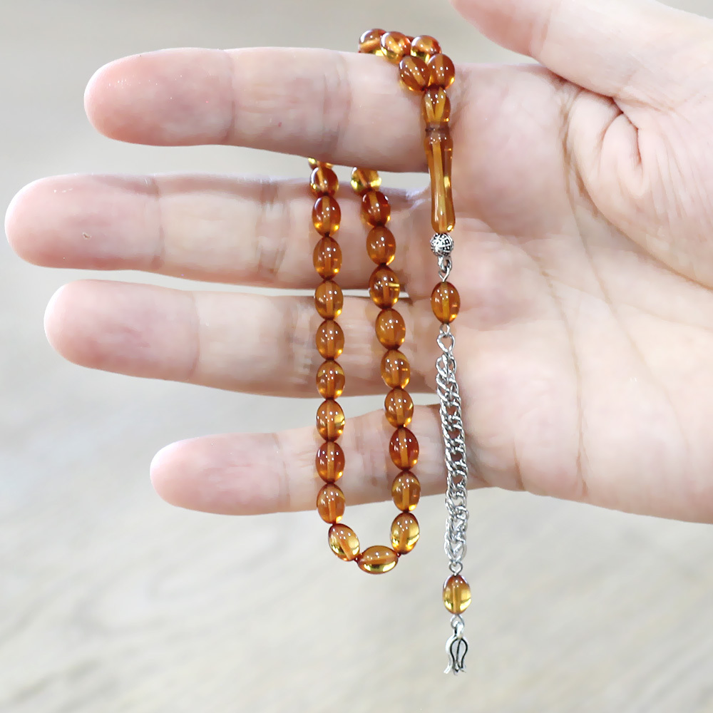 Ateş Kehribar Tesbih - Kararmaz Metal Püsküllü - Mini Boy - Gün Batımı - Arpa Kesim - 3