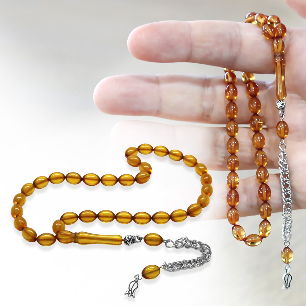 Ateş Kehribar Tesbih - Kararmaz Metal Püsküllü - Mini Boy - Gün Batımı - Arpa Kesim - 1