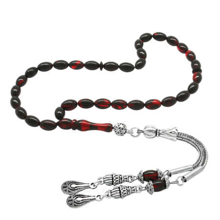 Ateş Kehribar Tesbih - Kararmaz Metal Damla Püsküllü - Kırmızı Siyah - Mini Boy - Arpa Kesim - Tesbihane