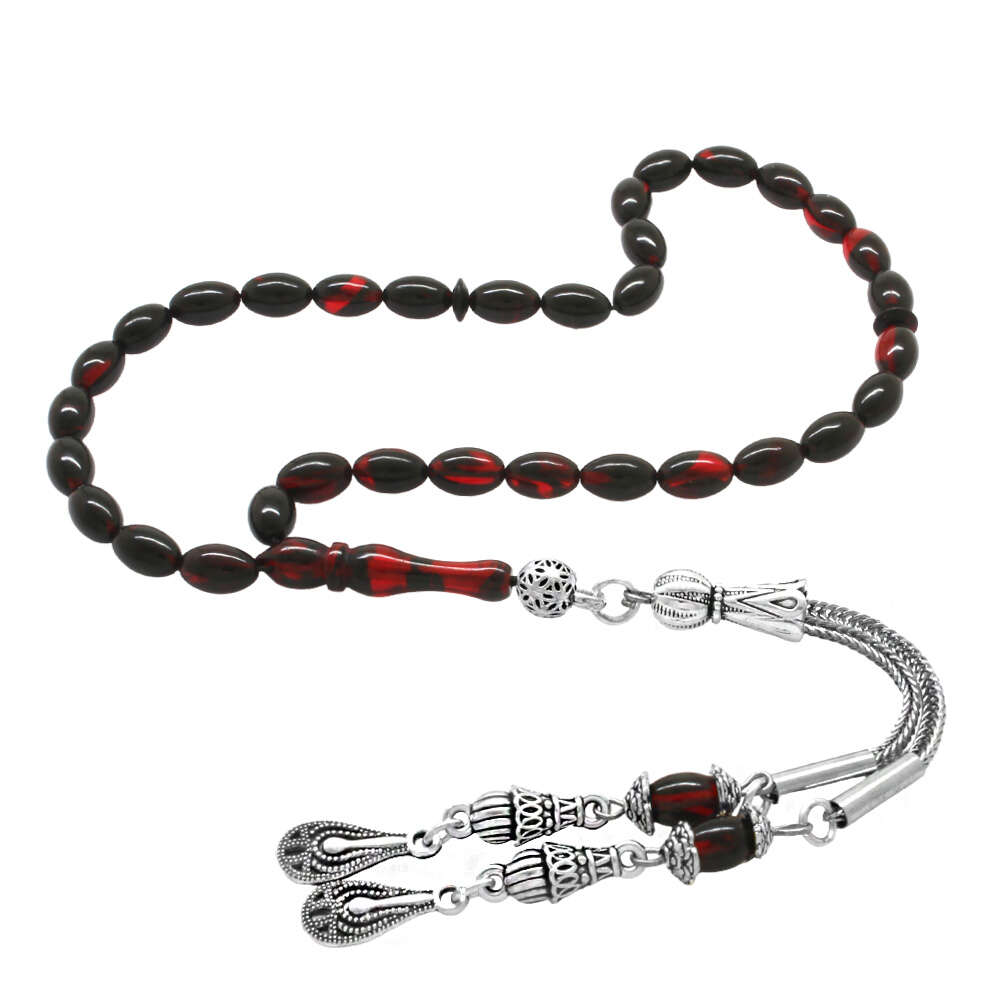 Ateş Kehribar Tesbih - Kararmaz Metal Damla Püsküllü - Kırmızı Siyah - Mini Boy - Arpa Kesim - 1