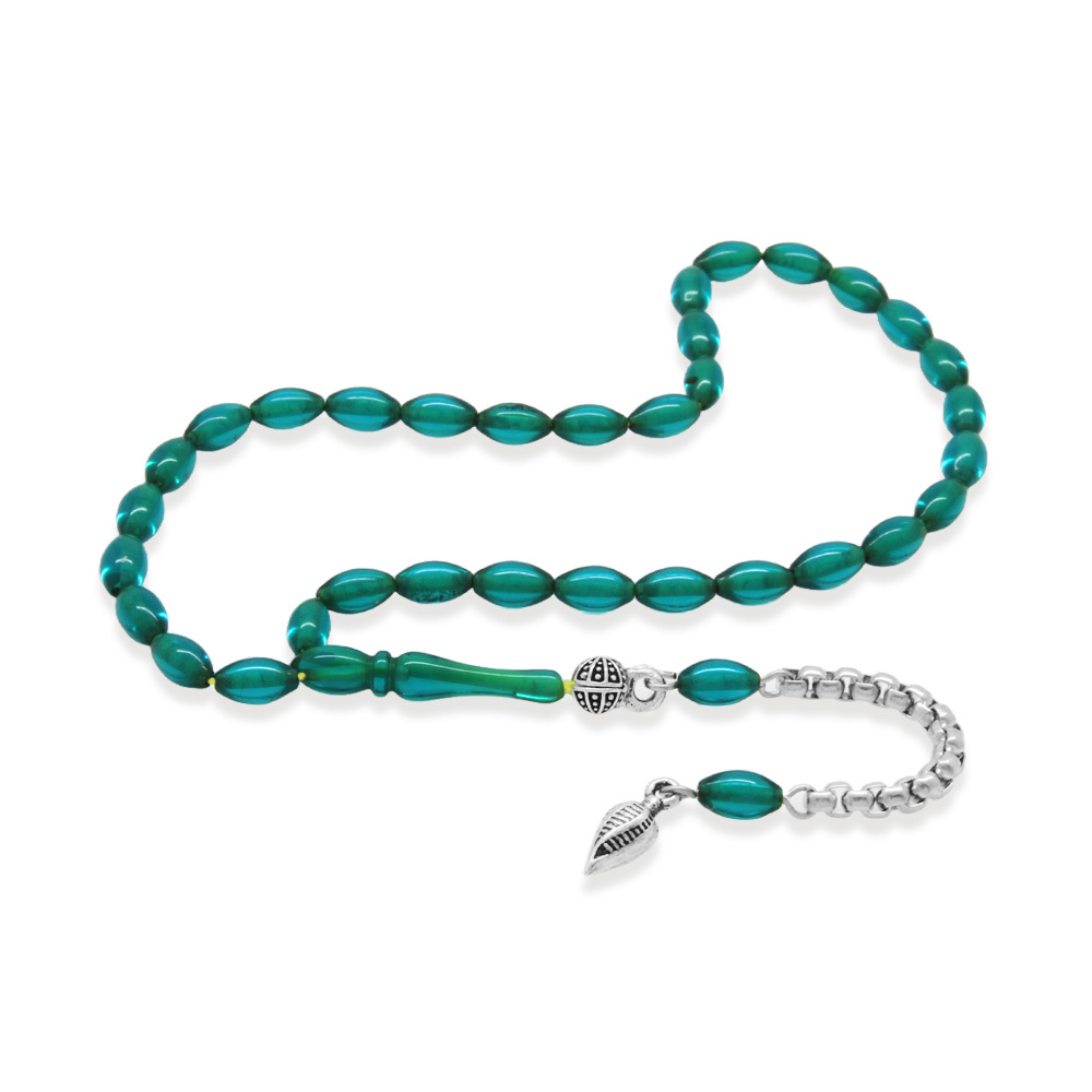 Ateş Kehribar Tesbih - Kararmaz Metal Püsküllü - Mini Boy - Şeffaf Turkuaz - Arpa Kesim - 2