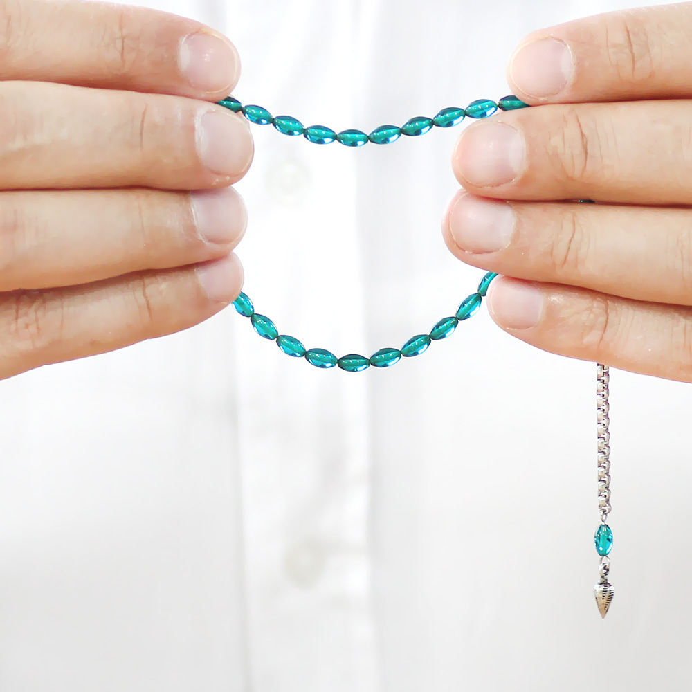 Ateş Kehribar Tesbih - Kararmaz Metal Püsküllü - Mini Boy - Şeffaf Turkuaz - Arpa Kesim - 4