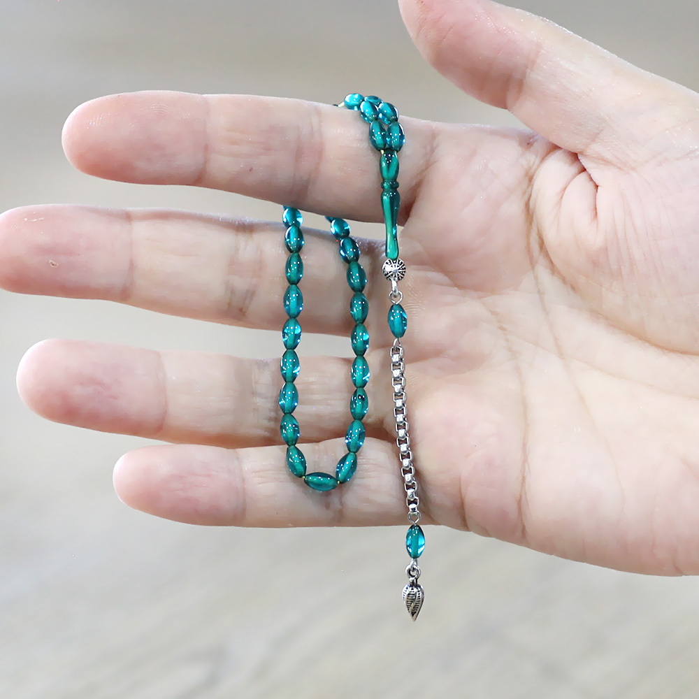 Ateş Kehribar Tesbih - Kararmaz Metal Püsküllü - Mini Boy - Şeffaf Turkuaz - Arpa Kesim - 3