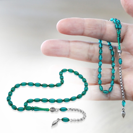 Ateş Kehribar Tesbih - Kararmaz Metal Püsküllü - Mini Boy - Şeffaf Turkuaz - Arpa Kesim - Tesbihane