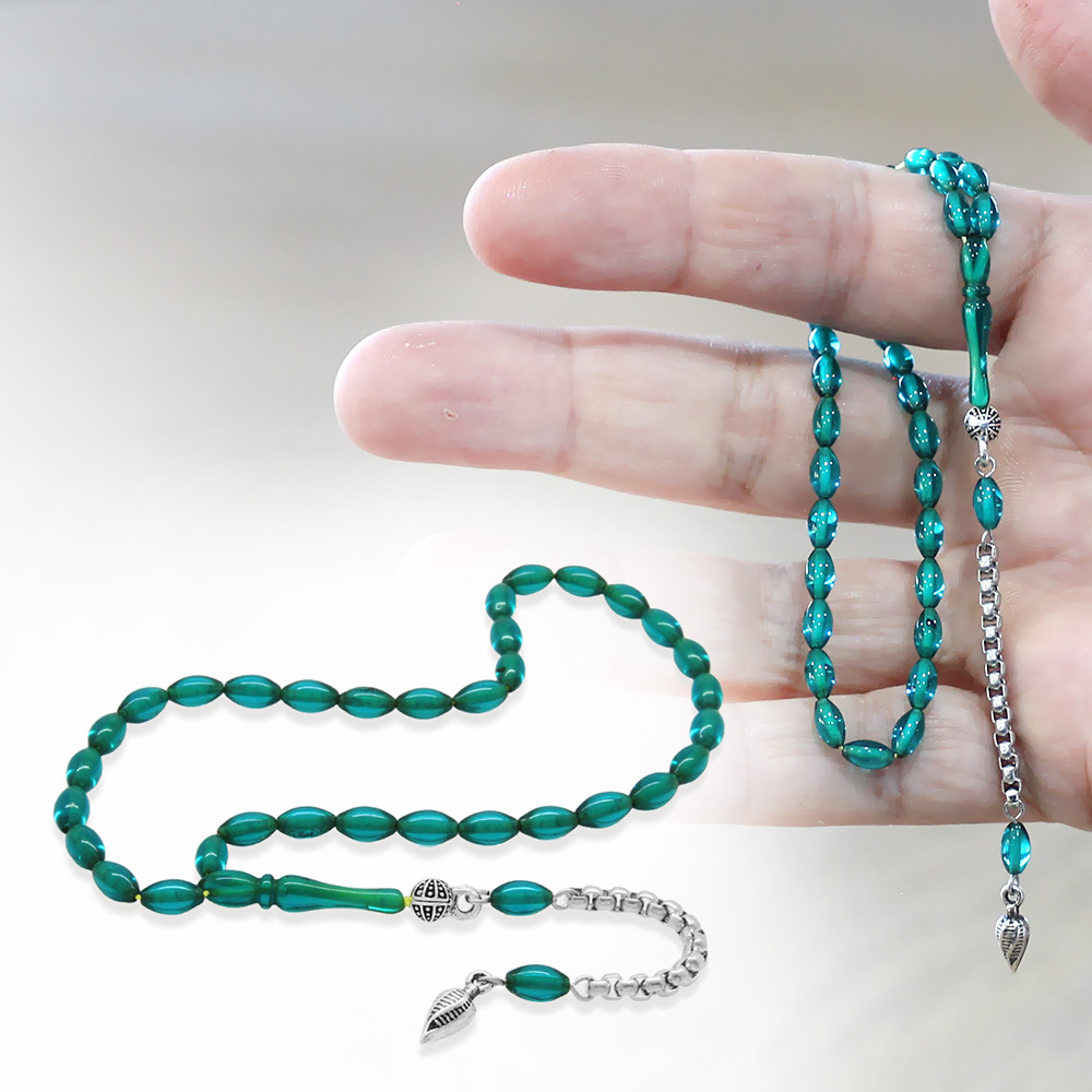 Ateş Kehribar Tesbih - Kararmaz Metal Püsküllü - Mini Boy - Şeffaf Turkuaz - Arpa Kesim - 1