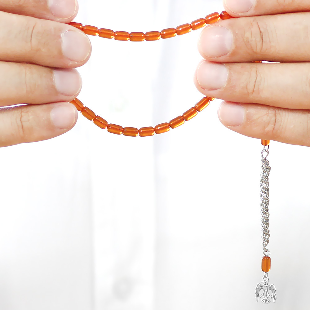 Ateş Kehribar Tesbih - Kararmaz Metal Püsküllü - Mini Boy - Gün Batımı - Kapsül Kesim - 4