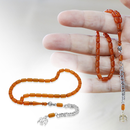 Ateş Kehribar Tesbih - Kararmaz Metal Püsküllü - Mini Boy - Gün Batımı - Kapsül Kesim - Tesbihane