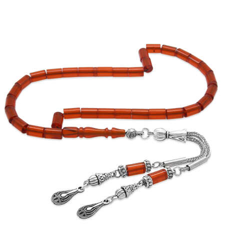 Ateş Kehribar Tesbih - Kararmaz Metal Damla Püsküllü - Kırmızı - Mini Boy - Kesme Kesim - Tesbihane