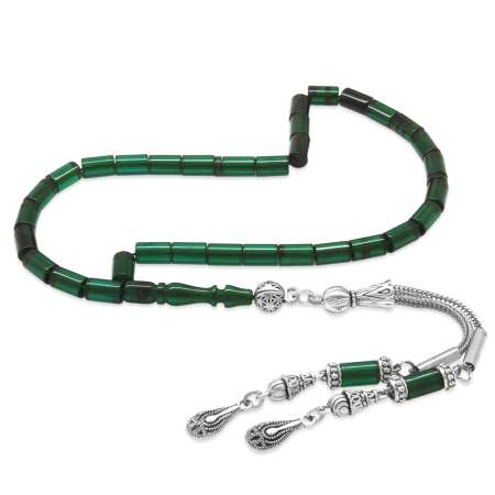 Ateş Kehribar Tesbih - Kararmaz Metal Damla Püsküllü - Yeşil Siyah - Mini Boy - Kesme Kesim - Tesbihane