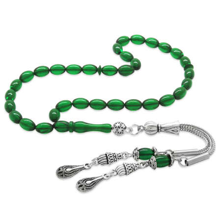 Ateş Kehribar Tesbih - Kararmaz Metal Damla Püsküllü - Yeşil Renk - Mini Boy - Arpa Kesim - Tesbihane