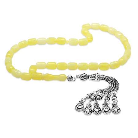 Kararmaz Metal 5 li Kamçı Ayyıldız Püsküllü Kapsül Kesim Sarı Beyaz Hareli Beyrut Kehribar Tesbih - Tesbihane