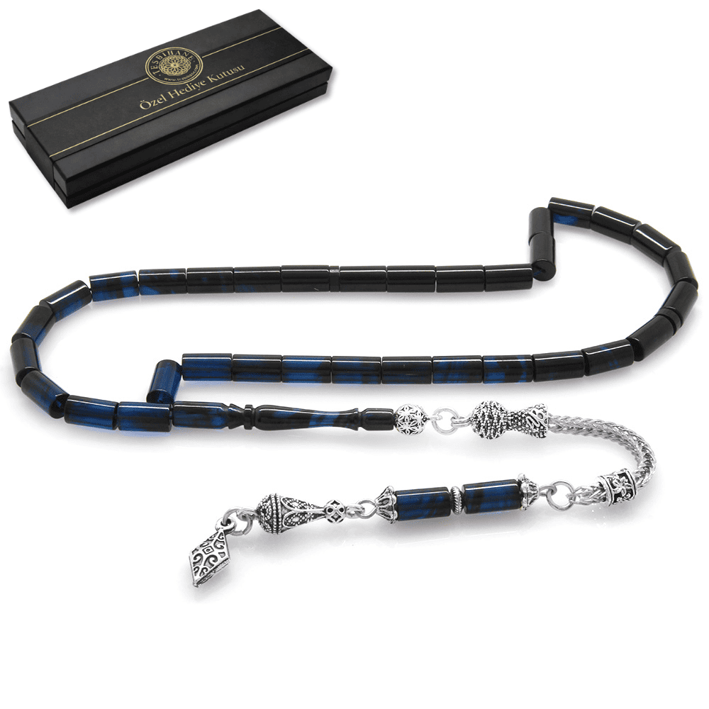 Kararmaz Metal Anadolu Desen Püsküllü Kesme Kesim Süzme Mavi Siyah Sıkma Kehribar Tesbih - 1