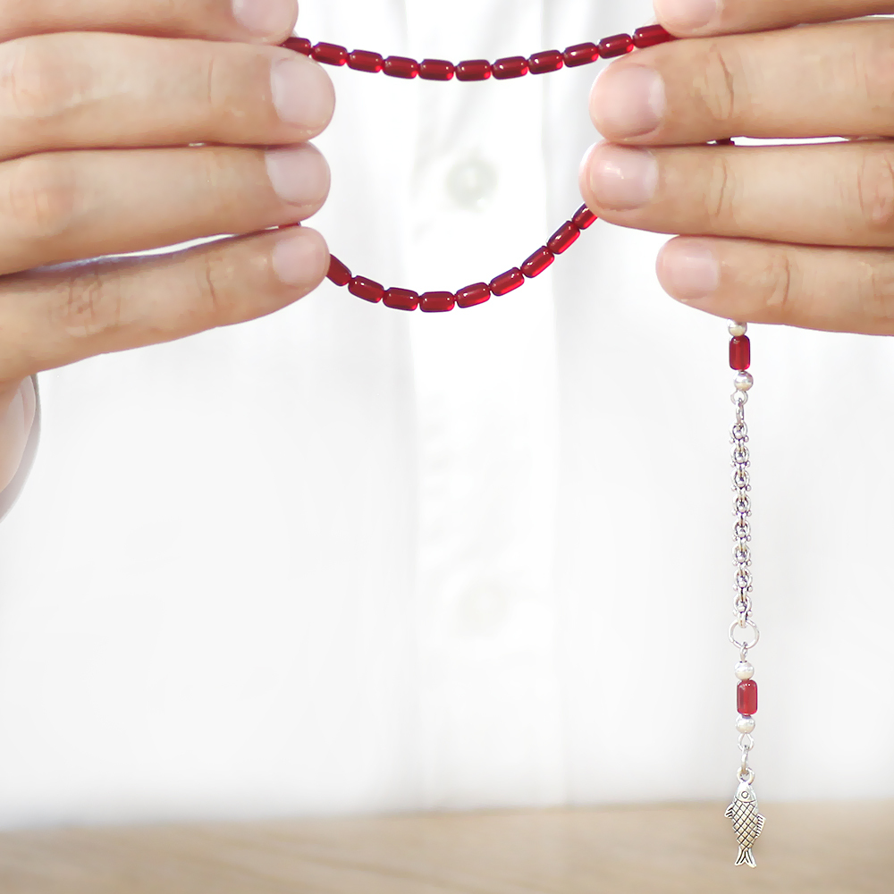 Kararmaz Metal Arnavut Püsküllü Kapsül Kesim Kırmızı Siyah Mini Boy Ateş Kehribar Tesbih - 3