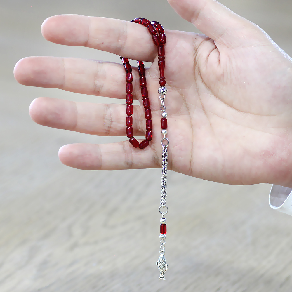 Kararmaz Metal Arnavut Püsküllü Kapsül Kesim Kırmızı Siyah Mini Boy Ateş Kehribar Tesbih - 4