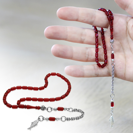 Kararmaz Metal Arnavut Püsküllü Kapsül Kesim Kırmızı Siyah Mini Boy Ateş Kehribar Tesbih - Tesbihane