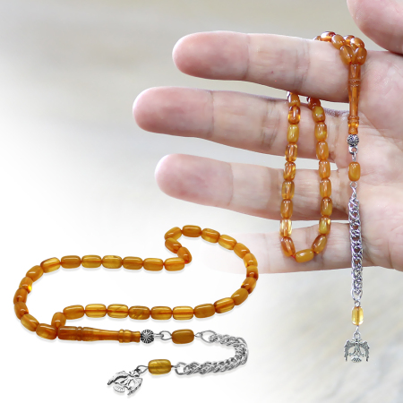 Ateş Kehribar Tesbih - Kararmaz Metal Püsküllü - Mini Boy - Bal Rengi - Kapsül Kesim - Tesbihane