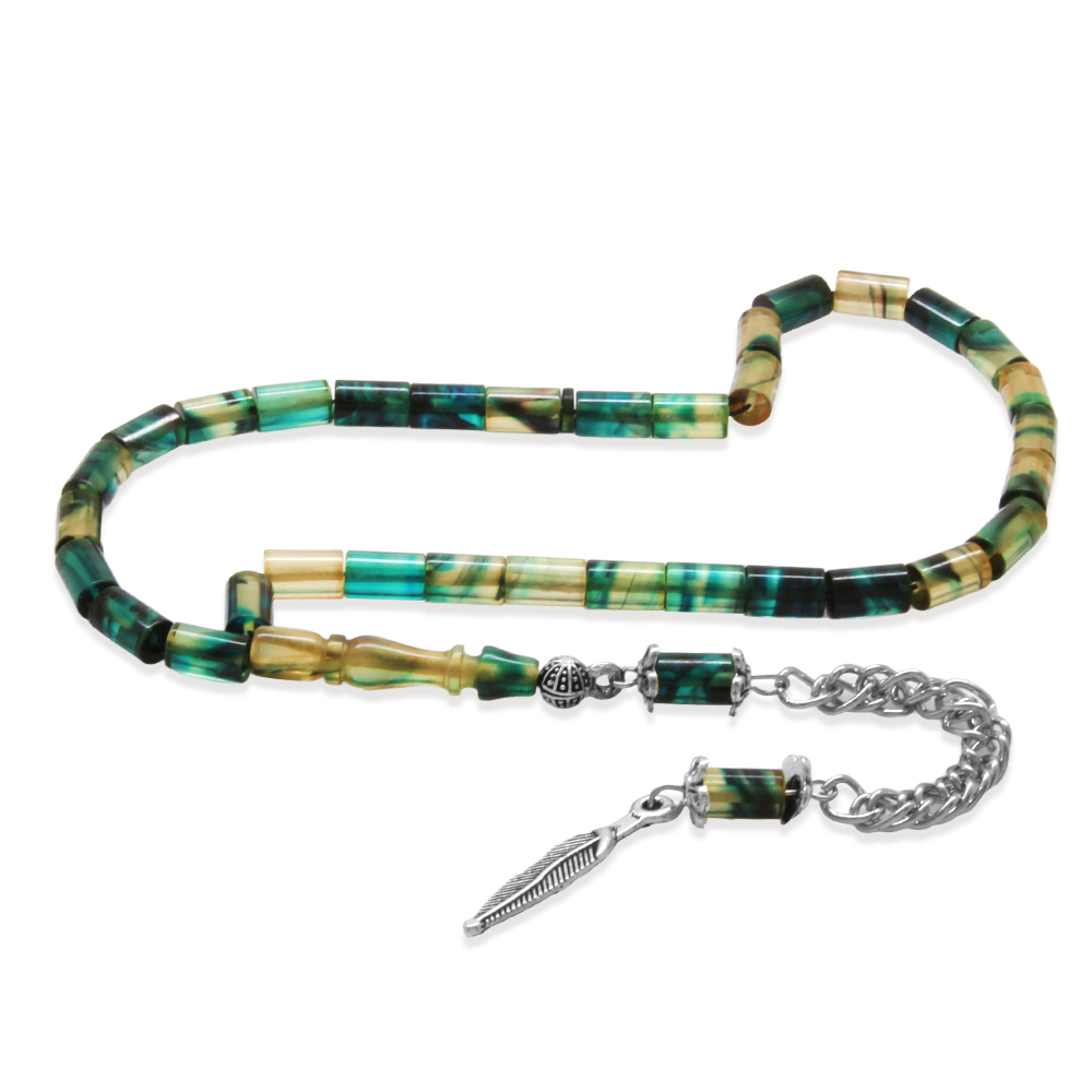 Ateş Kehribar Tesbih - Kararmaz Metal Püsküllü - Mini Boy - Mavi Beyaz Renk - Kesme Kesim - 2