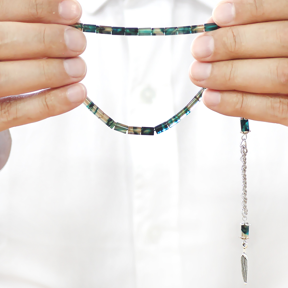 Ateş Kehribar Tesbih - Kararmaz Metal Püsküllü - Mini Boy - Mavi Beyaz Renk - Kesme Kesim - 3