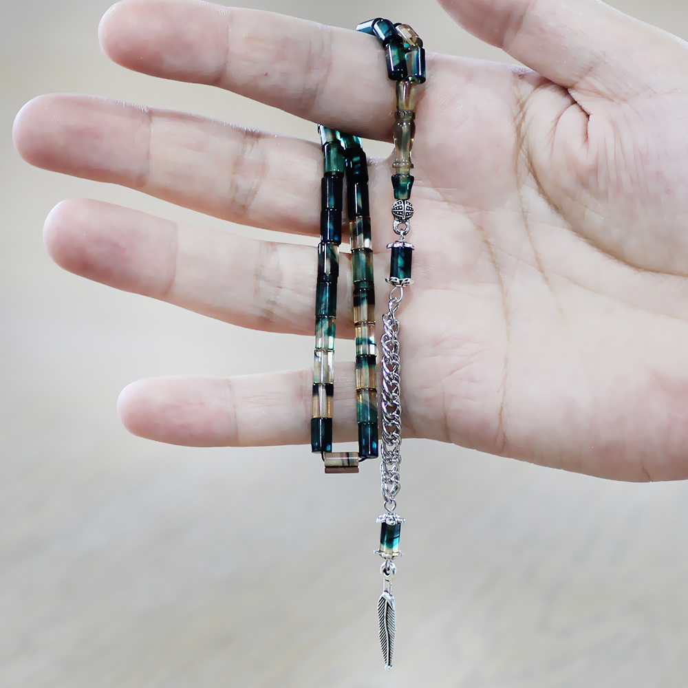 Ateş Kehribar Tesbih - Kararmaz Metal Püsküllü - Mini Boy - Mavi Beyaz Renk - Kesme Kesim - 4