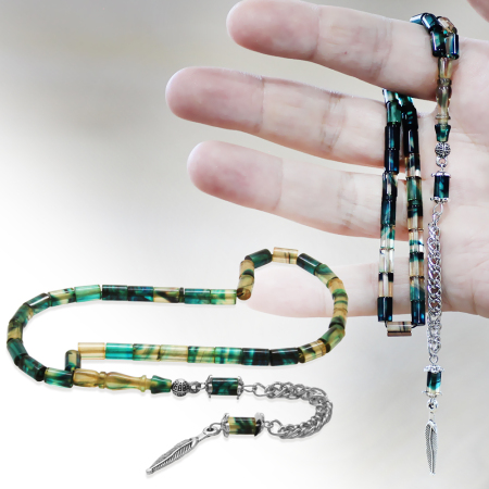 Ateş Kehribar Tesbih - Kararmaz Metal Püsküllü - Mini Boy - Mavi Beyaz Renk - Kesme Kesim - Tesbihane