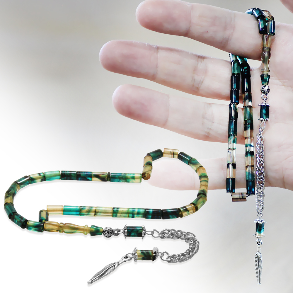 Ateş Kehribar Tesbih - Kararmaz Metal Püsküllü - Mini Boy - Mavi Beyaz Renk - Kesme Kesim - 1