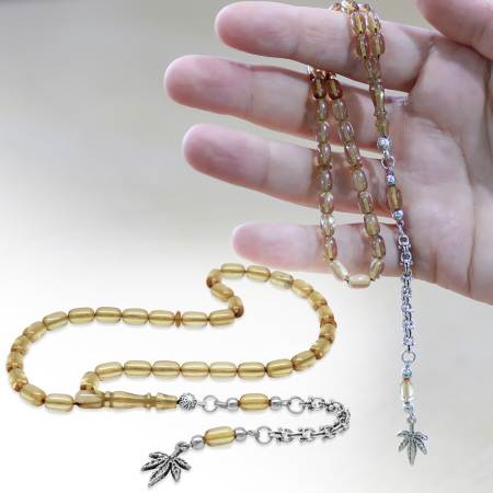 Kararmaz Metal Arnavut Zincir Püsküllü Kapsül Kesim Şeffaf Renk Mini Boy Ateş Kehribar Tesbih - Tesbihane