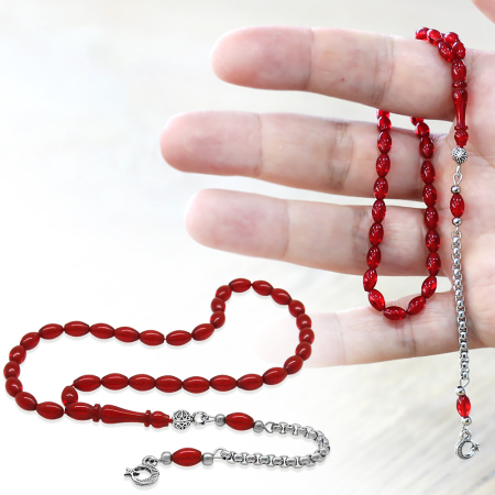 Kararmaz Metal Arnavut Zincir Püsküllü Arpa Kesim Bayrak Mini Boy Kırmızı Ateş Kehribar Tesbih - Tesbihane