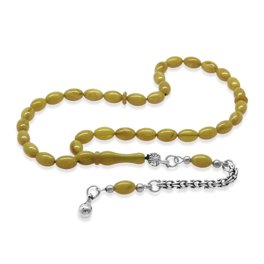 Kararmaz Metal Arnavut Zincir Püsküllü Arpa Kesim Hareli Sarı Mini Boy Ateş Kehribar Tesbih - 4