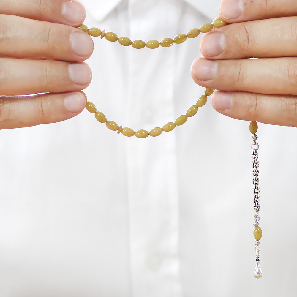 Kararmaz Metal Arnavut Zincir Püsküllü Arpa Kesim Hareli Sarı Mini Boy Ateş Kehribar Tesbih - 3