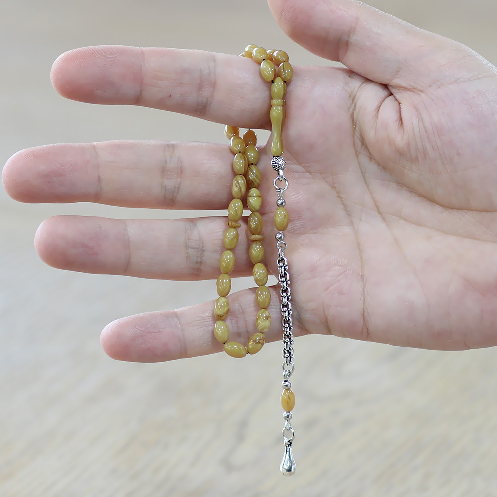 Kararmaz Metal Arnavut Zincir Püsküllü Arpa Kesim Hareli Sarı Mini Boy Ateş Kehribar Tesbih - 2