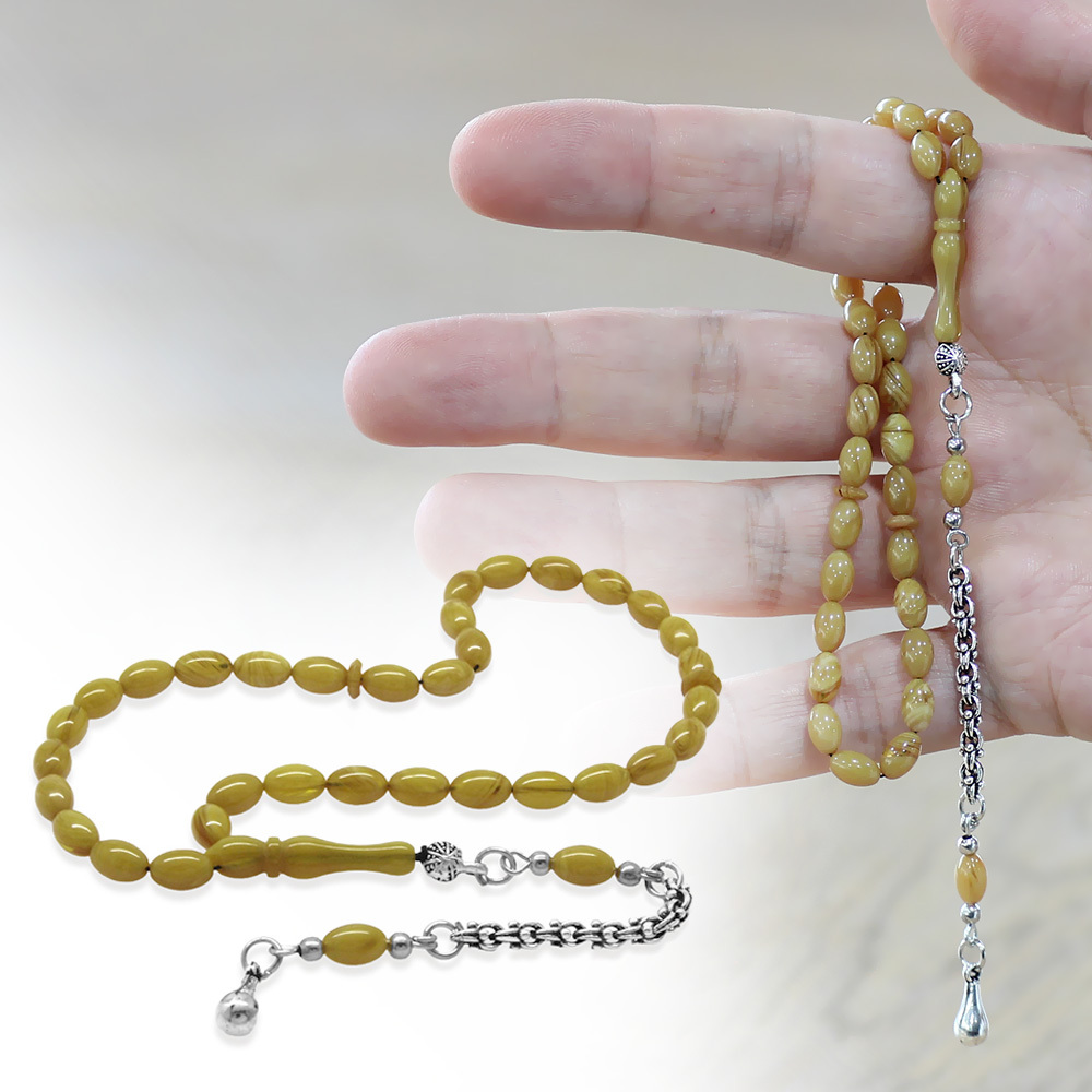 Kararmaz Metal Arnavut Zincir Püsküllü Arpa Kesim Hareli Sarı Mini Boy Ateş Kehribar Tesbih - 1