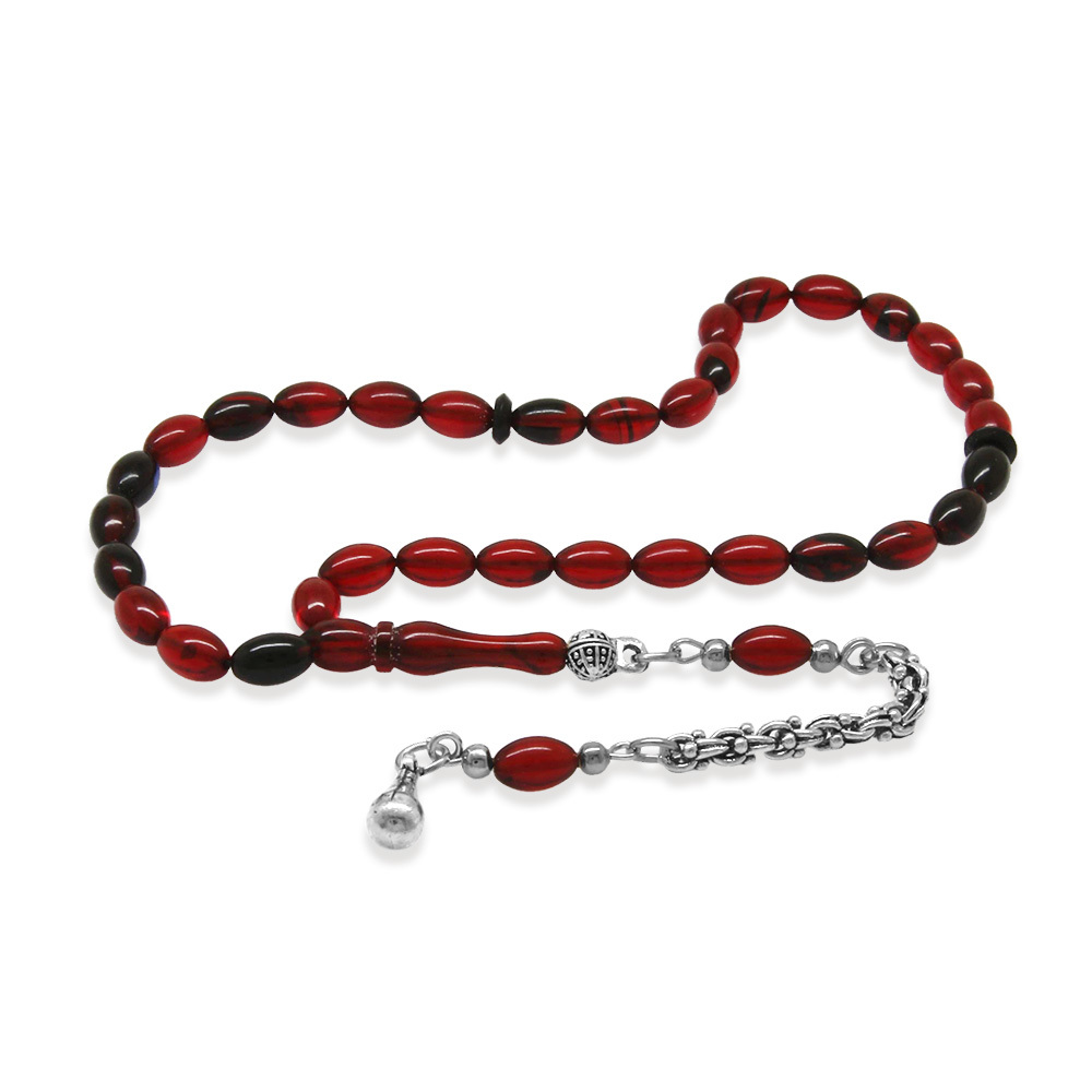 Ateş Kehribar Tesbih - Kararmaz Metal Arnavut Püsküllü - Mini Boy - Kırmızı Siyah - Arpa Kesim - 4