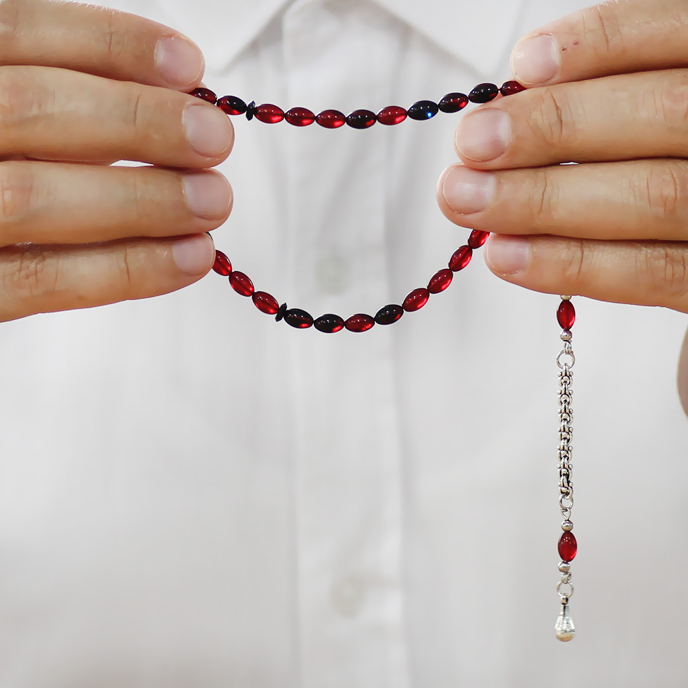 Ateş Kehribar Tesbih - Kararmaz Metal Arnavut Püsküllü - Mini Boy - Kırmızı Siyah - Arpa Kesim - 3