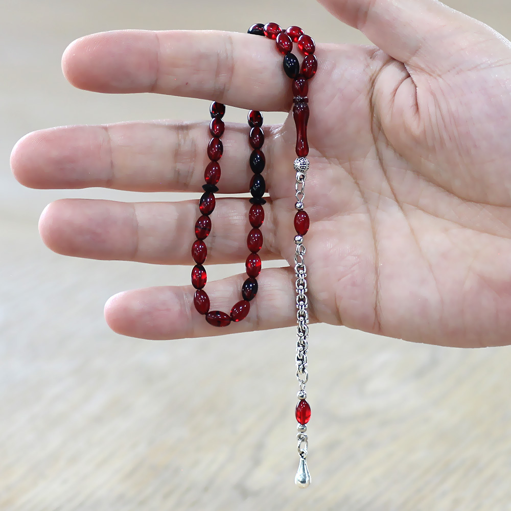 Ateş Kehribar Tesbih - Kararmaz Metal Arnavut Püsküllü - Mini Boy - Kırmızı Siyah - Arpa Kesim - 2