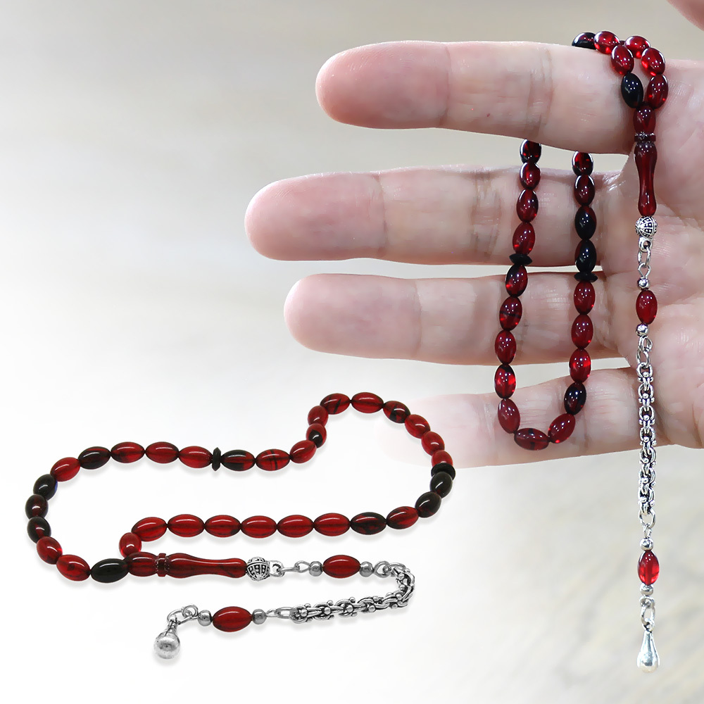 Ateş Kehribar Tesbih - Kararmaz Metal Arnavut Püsküllü - Mini Boy - Kırmızı Siyah - Arpa Kesim - 1