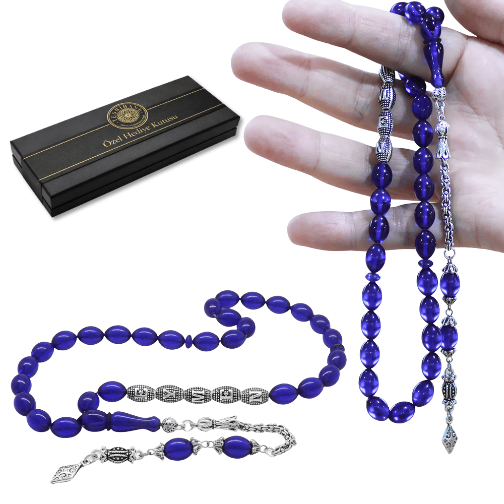 Kişiye Özel Sıkma Kehribar Tesbih - Metal Püskül - Hediye Kutulu - Arpa Kesim - Lacivert Renk - 1